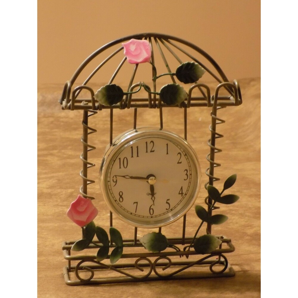 Pink Rose Vine Leaves Desk Painted Metal Clock 8" T x 4.25" W